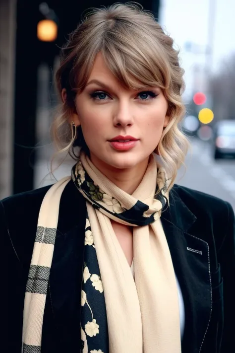 taylor1,1girl, solo, (realistic),(hyperrealism),(best quality),(masterpiece),(ultra high res),(photorealistic),(film grain),(upper body),eye makeup,detailed eyes,detailed face,black jacket, scarf, posing for a photo, outside winter <lora:taylorX:1>
