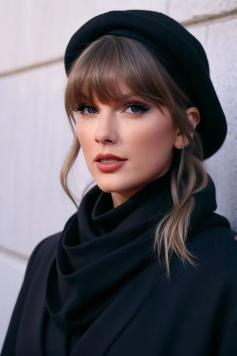 taylor2,1girl, solo, (realistic),(hyperrealism),(best quality),(masterpiece),(ultra high res),(photorealistic),(film grain),(upper body),eye makeup,detailed eyes,detailed face,black outfit,scarf, hat,posing for a photo,<lora:taylor2x:1>