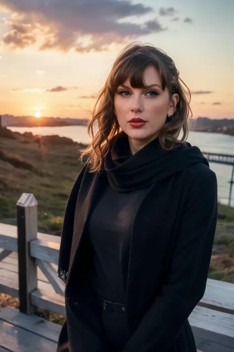 (realistic), (hyperrealism), (photorealistic:1.4), best quality, masterpiece, xtaylor, 1girl, looking at the viewer, makeup, detailed eyes, detailed face, (upper body:1.2), black dress, black scarf, walking at the bridge, sunset, fall season, (windy:1.2) <lora:xtaylor:1>