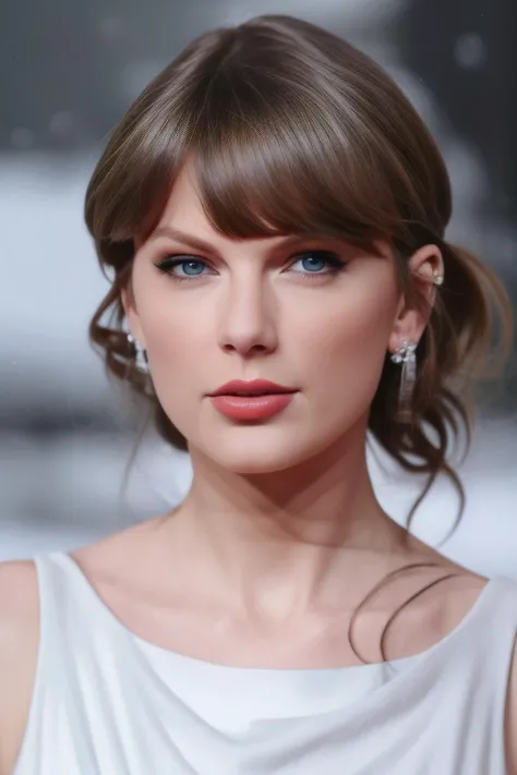 taylor3,1girl, solo, (realistic),(hyperrealism),(best quality),(masterpiece),(ultra high res),(photorealistic),(film grain),(upper body:1.2),eye makeup,detailed eyes,detailed face,portrait,posing for a picture, white dress, outdoors, winter,<lora:taylor4x:1>