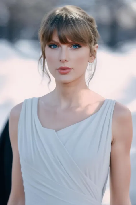 taylor3,1girl, solo, (realistic),(hyperrealism),(best quality),(masterpiece),(ultra high res),(photorealistic),(film grain),(upper body:1.2),eye makeup,detailed eyes,detailed face,portrait,posing for a picture, white dress, outdoors, winter,<lora:taylor4x:1>