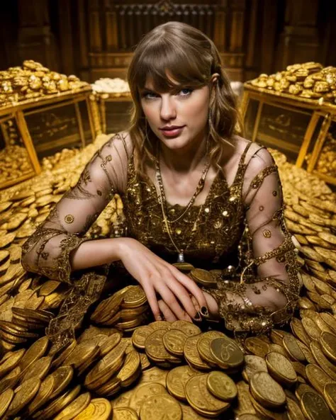 1girl, portrait of taylor3, solo, sitting in treasure-room, surrounded by coins, good quality, detailed, realistic,  <lora:taylor4x:0.82> <lora:treasure v1:0.8>