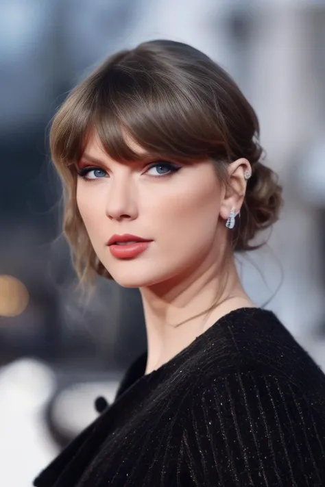 taylor3,1girl, solo, (realistic),(hyperrealism),(best quality),(masterpiece),(ultra high res),(photorealistic),(film grain),(upper body:1.2),eye makeup,detailed eyes,detailed face,portrait,posing for a picture, black dress, outdoors, winter,<lora:taylor4x:1>