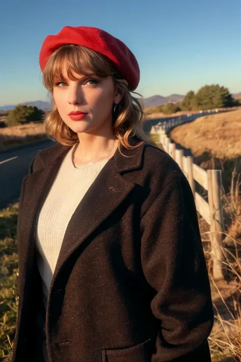 (realistic), (hyperrealism), (photorealistic:1.4), best quality, masterpiece, xtaylor, 1girl, looking at the viewer, makeup, detailed eyes, detailed face, (upper body:1.2), black jacket, red beret, walking at the forest road, sunset, fall season, (windy:1.2) <lora:xtaylor:1>