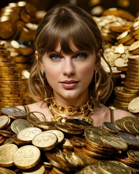 1girl, portrait of taylor3, solo, sitting in treasure-room, surrounded by coins, gold bars, gemstone, excessive wealth, good quality, detailed, realistic,  <lora:taylor4x:0.82> <lora:treasure v1:0.8>