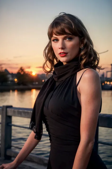 (realistic), (hyperrealism), (photorealistic:1.4), best quality, masterpiece, xtaylor, 1girl, looking at the viewer, makeup, detailed eyes, detailed face, (upper body:1.2), black dress, black scarf, walking at the bridge, sunset, fall season, (windy:1.2) <lora:xtaylor:1>