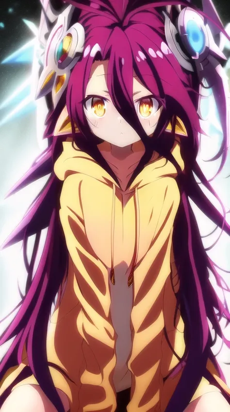 ngnl zero shiro, 1girl, <hypernet:sxzCinematic_500SoftEnough:1>, brown hoodie, long hair, messy hair, purple hair, hair ornament, a photo of expomech, yellow eyes