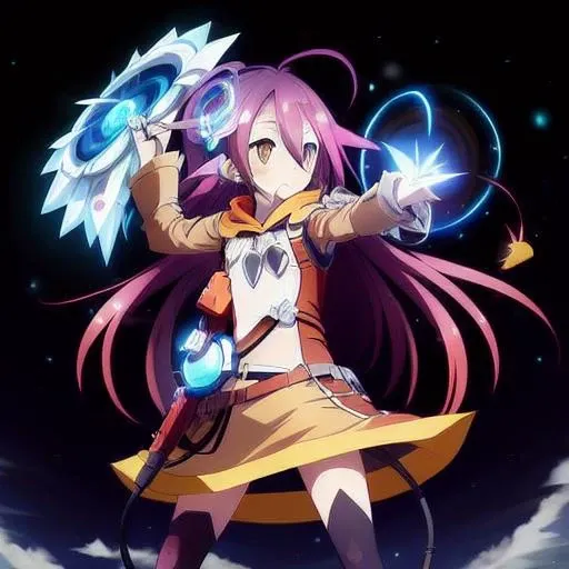 <lora:NGNL Zero Shuvi:0.8>, NGNL Zero Shuvi, action pose, hands on side, flying, holding a magical orb, dramatic wind