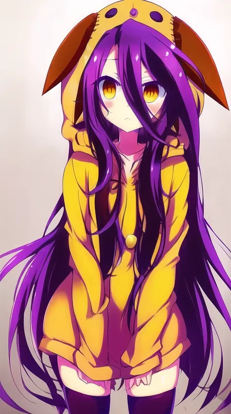 ngnl zero shuvi, 1girl, brown hoodie, long hair, messy hair, purple hair, yellow eyes,