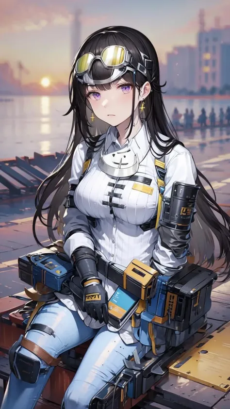 1girl, solo, long hair, black hair, gloves, black gloves, pants, goggles, bangs, white shirt, shirt, jacket, goggles on head, blue pants, pouch, breasts, jewelry, earrings, sitting, sitting down, long sleeves, purple eyes, white jacket, <lora:YaoWinterV1:0.9>, yaowinterSB, full body, beach, indoors, dark, riffle, holding weapon, weapon,