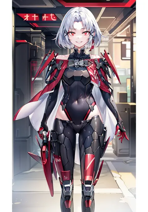 ((((masterpiece, best quality, high resolution)))),
solo,1girl, OrigFullArm, full armed, 1girl, solo, standing, smile, red eyes, gloves, cloak, clothing cutout, small pupils, leg armor, mecha boots,
<lora:NikkeDrake:0.7>