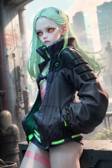 CR1.3, 1girl, rebecca \(cyberpunk\), long hair, mechanical eye, colored sclera, red sclera, colored skin, white skin, leg tattoo, neck tattoo, green hair, long hair, red pupils, skin fang, red eyes, black jacket, <lora:rebecca_v1:1>