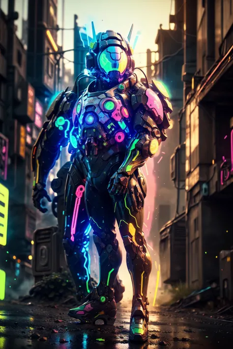 CR1.3, man with random_color technowear powerarmor, glitched neon effects, bugged effects, digital cyberhelmet, (chromatic_horizontal_aberration:1.3), too much mist from steaming cyberbrain, color displacement, shell_filtered_image, alley backgroud with neon ads <lora:CyberskullAI:0.2> <lora:cyberhelmetv0.7:0.4> <lora:BokehMecha:0.6>