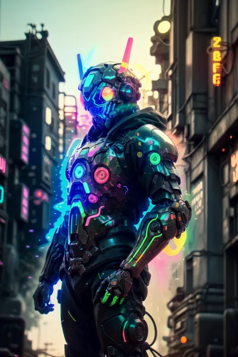 CR1.3, man with random_color technowear powerarmor, glitched neon effects, bugged effects, digital cyberhelmet, (chromatic_horizontal_aberration:1.3), too much mist from steaming cyberbrain, color displacement, shell_filtered_image, alley backgroud with neon ads <lora:CyberskullAI:0.2> <lora:cyberhelmetv0.7:0.4> <lora:BokehMecha:0.6>