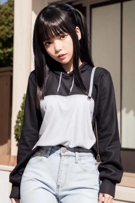 bplisa, woman, urban, streets, (day:1.1), RAW,(8k, best quality, masterpiece:1.2),(intricate details:1.4),(photorealistic:1.4),octane render, complex 3d render ultra detailed, studio soft light, rim light, vibrant details, ultra detailed, realistic skin texture, detailed face, beautiful detailed eyes, extremely detailed CG unity 8k wallpaper, makeup, (detailed background:1.2), (cowboy shot:1.2),(hip),(perfect anatomy:1.2),(black hoodie, long jeans:1.2), <lora:bplisa-v1:1>