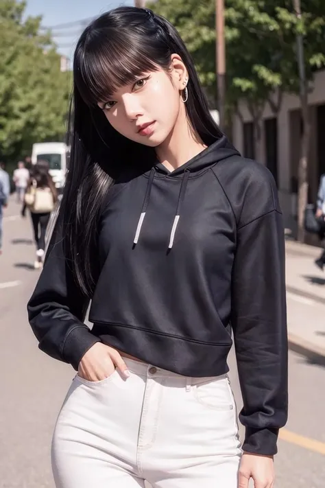 bplisa, woman, urban, streets, (day:1.1), RAW,(8k, best quality, masterpiece:1.2),(intricate details:1.4),(photorealistic:1.4),octane render, complex 3d render ultra detailed, studio soft light, rim light, vibrant details, ultra detailed, realistic skin texture, detailed face, beautiful detailed eyes, extremely detailed CG unity 8k wallpaper, makeup, (detailed background:1.2), (cowboy shot:1.2),(hip),(perfect anatomy:1.2),(black hoodie, long jeans:1.2), <lora:bplisa-v1:1>