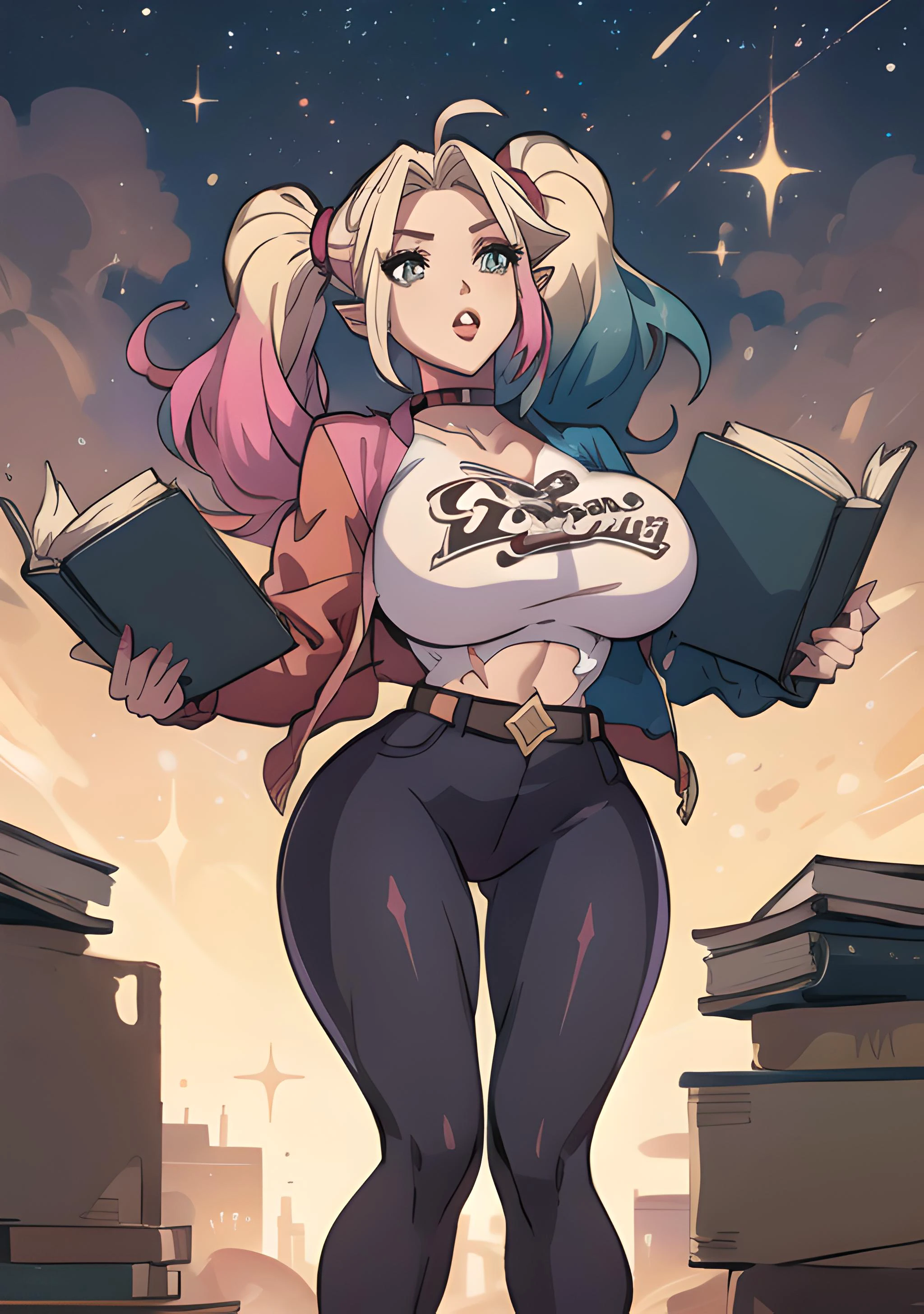 modern anime, high quality, ultra detailed,
young lady, pretty face, huge tits, bun hair, wide hips, tight pants, straps, strips, books, pressing boobs against, pointy ears,
<lora:th3p1t_v3:0.25> , th3p1t,
<lora:b1mb0_v3:0.25> , b1mb0,
<lora:starlight:0.40> , starlight, star,
<lora:Magic Circle_20230812103010-000018:0.45> , Magic Circle,
<lora:HarleyQuinn:0.5> , pikkyharleyquinn, blonde hair, multicolored hair, blue hair, pink hair, twintails, long hair, bangs, red lips, choker, shorts, pantyhose, jacket, makeup, lipstick, belt, shirt, tattoo, jersey, t-shirt, torn clothes, multicolored clothes, torn pantyhose, multicolored jacket, short shorts,