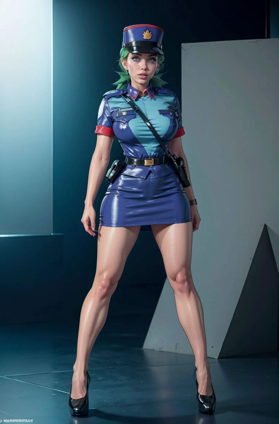 masterpiece, beautiful woman supermodel ,perfect lighting , <lora:b1mb0_v3:0.3> ,b1mb0, <lora:th3p1t_b:0.3> ,th3p1t, (full body,wide shot,standing), <lora:OFFICERJ:0.69> ,officer jenny, pokemon, police uniform, pencil skirt, policewoman, police hat,green hair
