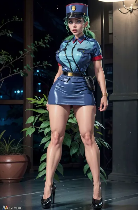 masterpiece, beautiful woman supermodel ,perfect lighting , <lora:b1mb0_v3:0.3> ,b1mb0, <lora:th3p1t_b:0.3> ,th3p1t, (full body,wide shot,standing), <lora:OFFICERJ:0.75> ,officer jenny, pokemon, police uniform, pencil skirt, policewoman, police hat,green hair
