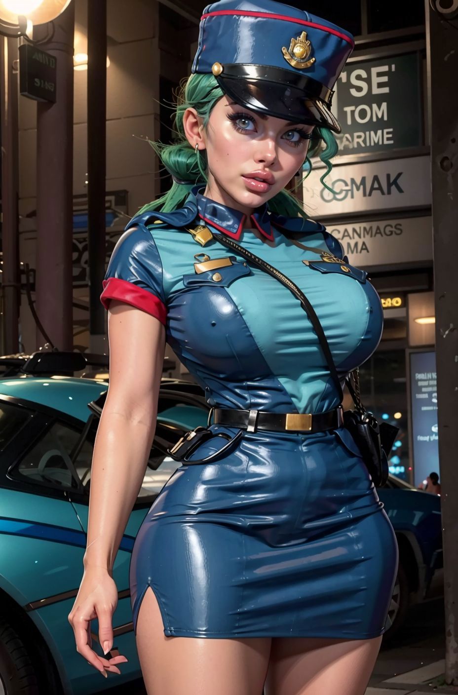 Araffe dressed in a blue uniform and a hat standing in front of a car ...