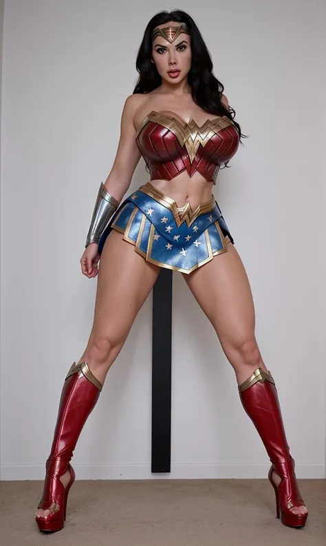 (wonder woman:1.1), , crop top, skirt, gigantic breasra:b1mb0_v3:0.3> b1mb0; full body, plateforme heels, stripper heels