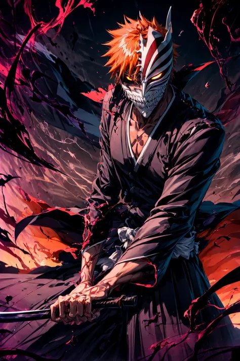absurdres, (best quality), (masterpiece),(ultra-detailed:1.2),dutch angle,
1boy,(wide stance:1.1),holding katana, long katana,slender,
<lora:bleach_kurosaki:0.9> ,kurosaki ichigo, short hair,orange hair, spiked_hair,black sclera,japanese clothes, black kimono,hakama,long sleeves,wide sleeves,
swirling ,
<lora:hollowfication:0.65> ,hollowfication,mask,
<lora:test-effect-lightning-02:0.8>, black lightning,black fire,dark red lightning,
<lora:flat2:-0.5> ,
<lora:LowRa:0.2> ,dark theme,