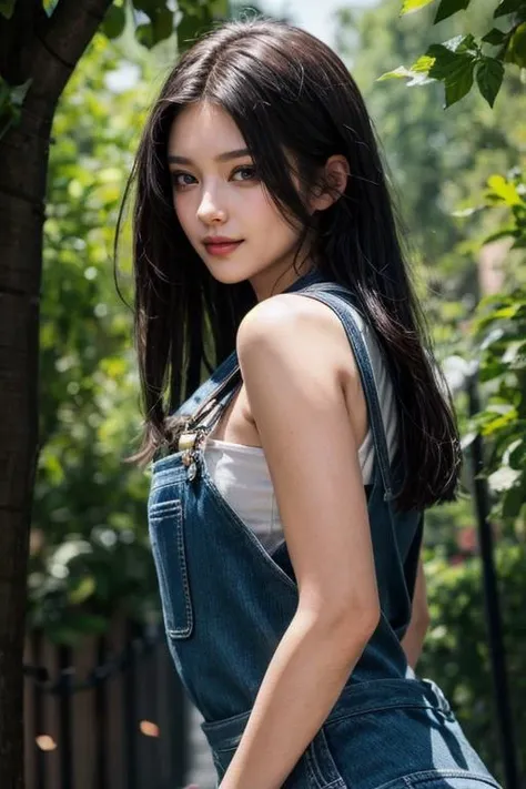 photo realistic, full color, (detail background:1.3), (fair skin:0.9), long nose, (clear eyes:1.1, symmetrical eyes), archaic smile, an exquisitely beautiful Medusa is looking back and enchanting, slender waist, attractive large hip,dark black tousled hair with undercut, bib and brace overalls, leaning against a tree, high land, <lora:flat2:-1>, (masterpiece,best quality:1.5)