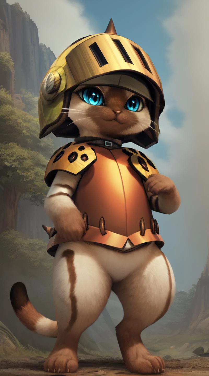 ((8k, absurdres, ultra detailed, high-definition, highres, extremely detailed)), (extremely detailedmasterpiece, best quality:1.3), glowing, HDR:1.2, depth of field, parfect lighting, solo, ultra detailed beautiful eyes, <lora:GoodHands-beta2:1>, <lora:flat2:-0.3>, <lora:fluffyrock-quality-tags-v4:0.5>, <lora:MH_Felyne_a1:1> (feral:1.2), felyne, felid, thin, hi res, soft shading, detailed eyes, beautiful eyes, detailed face, good anatomy, 1tail, tail, cinematic lighting, by woolrool, crayon \(artist\), detailed background, outdoors, blue eyes, slit pupils, tan fur, brown fur, helmet, breastplate, acornarmor, standing, fantasy