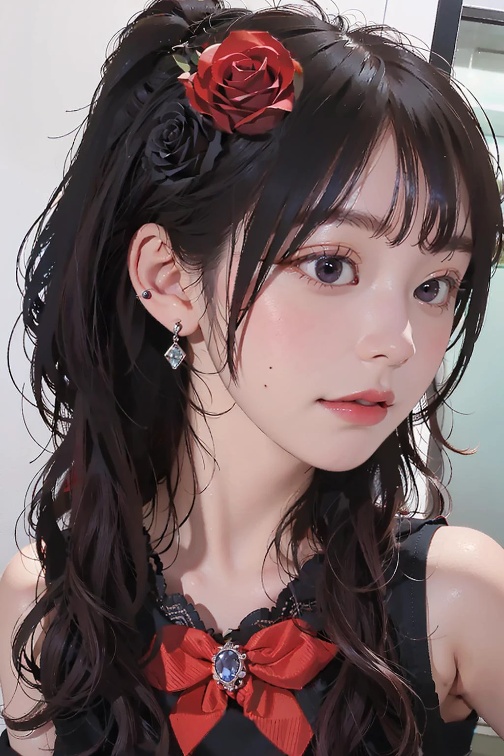 masterpiece, best quality, highly detailed, Backstage, Purple gemstone, Purple Jewelry
:3, (((solo))), (((1girls))), black eyes, upper body, , earrings, wavy hair, (dark red highlights:1), (black sleeveless dress), hair flower, (black rose:1), small breasts , Black Lace elbow_gloves, <lora:nakashimayuki_lora:0.65>, (((long hair))), Selfie, <lora:JapaneseDollLikeness_v15:0.4> <lora:flat2:1> <lora:add_detail:-1.3>, ponytail, (red bow:1.5), (side bangs:1.5), looking at viewer, (dark red Highlights)