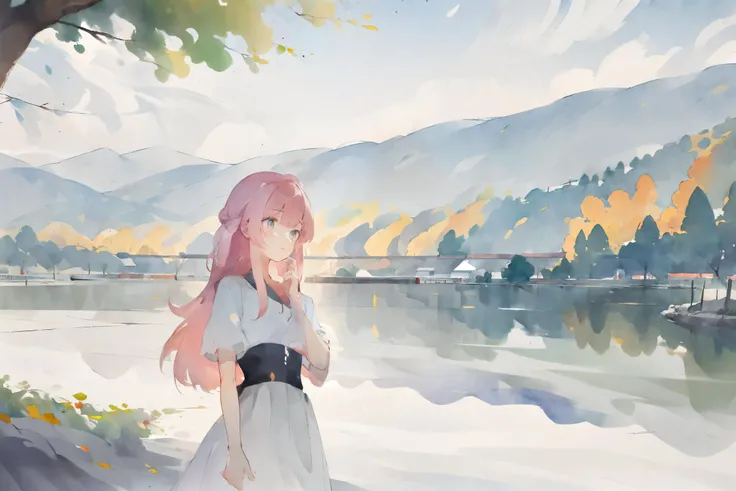 (masterpiece:1.2),best quality,extremely detailed,absurdres,highres,ultra detailed,(1girl:1.6), pink hair, long hair, white dress, watercolor \(medium\), <lora:try2:0.7> <lora:flat2:0.3> lake, autumn trees, falling leaves, scenery, mountains, water, trees, sparkles,night,starry sky,