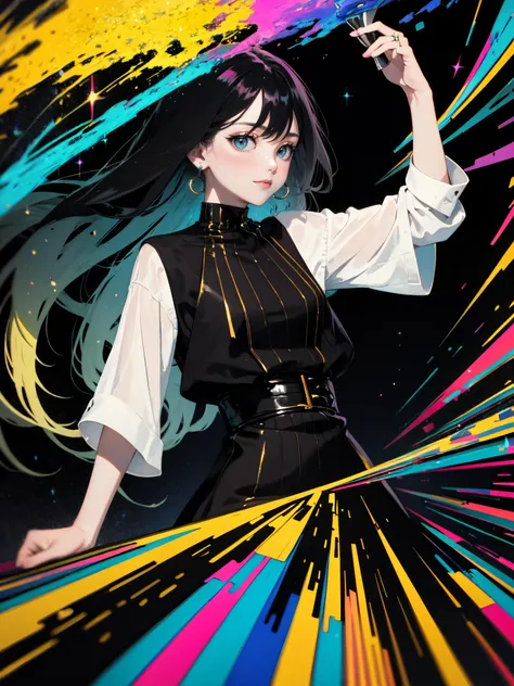 (masterpiece, best quality:1.3), (flat color:1.3),(colorful:1.3),looking at viewer,1girl,(2D:1.3), cosmic, gold blue and black, small smile, joy, fun art style, woman in long black dress, long hair, twirling in the stars, <lora:flat2:1>, <lora:more_details:0.4>, bright colors, abstract art, <lora:ç¼çå:0.8> 11
