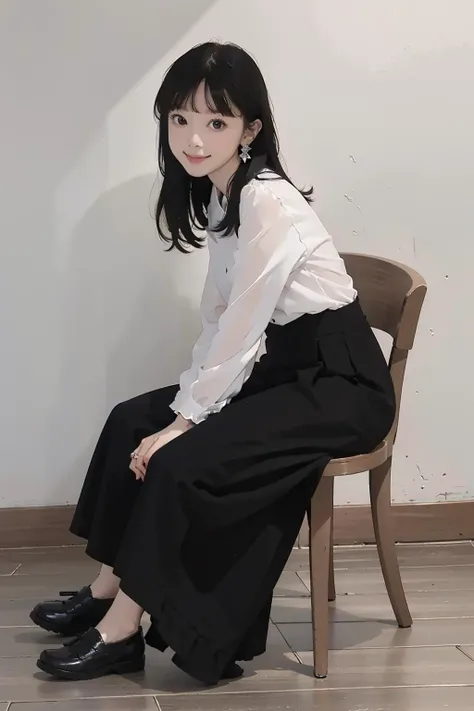 masterpiece, best quality, highly detailed,
(((solo))), (((1girls))), black eyes, earrings, small breasts , <lora:flat2:1> <lora:add_detail:-1>, looking at viewer, (bangs:1.5), round face, (full body:1.5), long hair, smile, Chair, closed mouth, long skirt
<lora:kudoharuka_lora:0.65>, sitting,