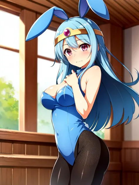(covering, shy),
8k, masterpiece, best quality, ultra-detailed,
an extremely delicate and beautiful,
<lora:DQ3Sage:0.8>,1girl, solo, sage \(dq3\),
long hair, red eyes, (circlet:1.05),
BREAK,
blue hair, large breasts,
kawaii, cute, very big eyes, Aesthetic Anime Eyes, small face,
BREAK,
light blue rabbit ears, light blue playboy bunny, (light blue bow:1.3),
BREAK,
(Fishnet tights),
embarrassed, (wavy mouth:0.9),
(looking at viewer:1.2),
standing,
indoors, cowboy shot,