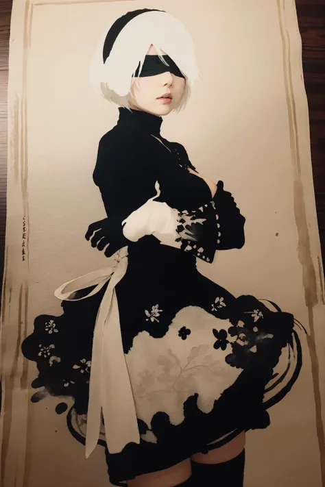 ais-ghostly <lora:y2b_v2-1:0.79> hm2b, (in the silhouette ink painting style), upper body, sad, in the traditional japanese painting style, on parchment, ink splashes, ink stains, freehand brushstrokes, faded ink, fractals, white hair, (black blindfold, covered eyes), mole under mouth, <lora:flat2:0.75> :0.85 AND hm2b, clothing cutout, long sleeves, puffy sleeves, juliet sleeves, feather trim, black thighhighs, black gloves, black dress, black skirt :0.30
