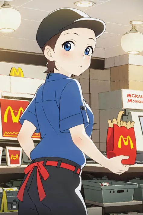 masterpiece, best quality, solo,1girl,looking at viewer,indoor,McDonaldâs,
 <lora:McSumire:0.7>McSumire,long pants