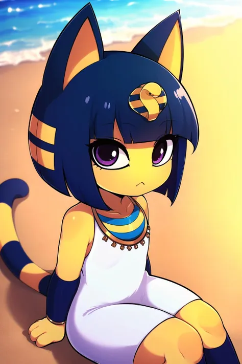 absurdres, highres, ultra detailed, <lora:AnkhaaaV1.3-000012:0.8>, ankha, solo, catgirl, petite, blue hair, hair ornament, yellow skin, purple eyes, white dress, sitting, looking at viewer, outdoors, sand, egyptian