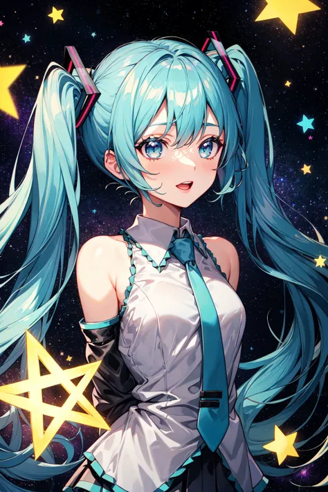 hatsune miku, shiny, stars, sparkles, galaxy, magic, spellcasting, upper body, pentagram, arms behind back,