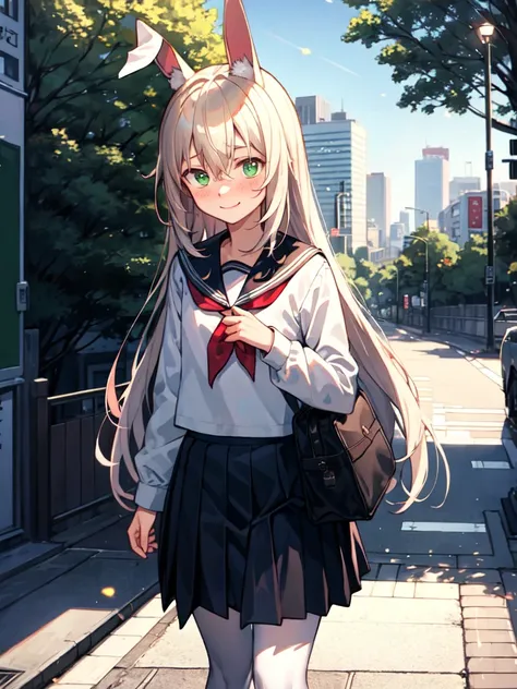 \effect\ (masterpiece, best quality, illustration, novel illustration, beautiful light, highres, official art, light particles)
\basic character\ a girl, (bunny ears:1.3), (green eyes:1.3), (very long hair:1.2), (flat chest:1.2), (white hair:1.2), (alternate hairstyle:1.2), (hair flaps:1.2), (shy:1.6), embarrassed,nervous, blush, upper body, 
\clothes\ school uniform, black skirt, blush, brown footwear, eyebrows visible through hair, hair between eyes, loafers, long sleeves, pleated skirt, sailor collar, school uniform, serafuku, shirt, shoes, skirt, smile, solo, white legwear, white shirt
\background\ architecture, building, city, cityscape, house, outdoors, pavement, real world location, road, scenery, skyscraper, street, tokyo \(city\), tree