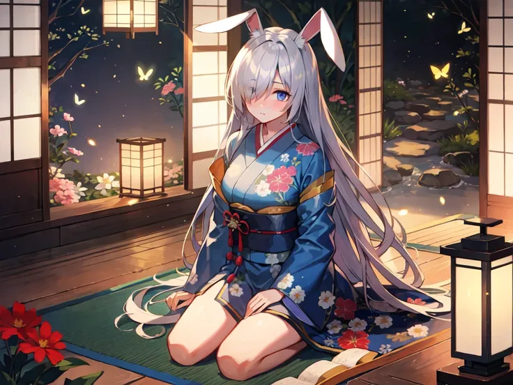 \effect\ masterpiece, hyper detailed, highres, good anatomy, best quality, (an extremely delicate and beautiful), an extremely detailed and delicate, 8k cg wallpaper, illustration,game cg, realistic, comfortable atmosphere
\basic character\ a girl, (bunny ears:1.1), (very long hair), grey hair, eyebrows visible through hair, medium breasts, blue eyes,
embarrassed, nervous, hidden eyes, (long bangs:), ((hair over one eye:1.3)), wariza, 
\background\ blooming flowers, butterflies, sunlight, tea ceremony, Japanese garden, stone lanterns, japanese clothes, blooming print, tea set,
indoors, Shoji,