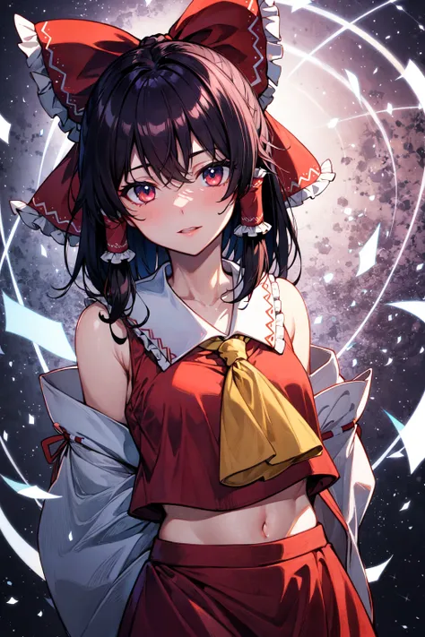 hakurei reimu, magic, spellcasting, upper body, pentagram, arms behind back,