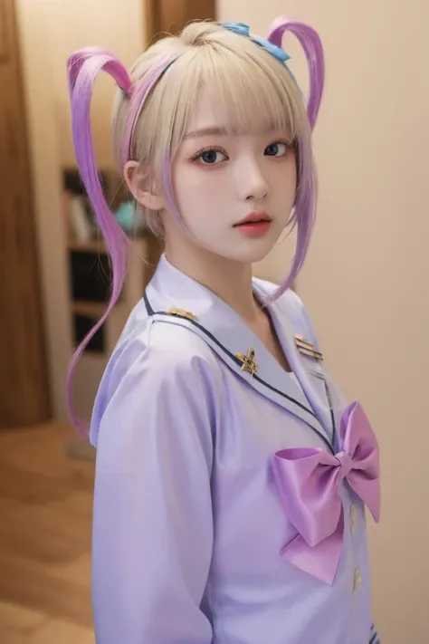 <lora:è¶
天:1>, chaotian, best quality, masterpiece, illustration, realistic, photo-realistic, amazing, finely detail, incredibly absurdres, huge filesize, ultra-detailed, highres, extremely detailed CG unity 8k wallpaper, nsfw, cowboy shot, multicolored hair, pink hair, blue hair, bow, quad tails, hair bow, long hair, blue eyes, bangs, school uniform, sailor collar, serafuku, blonde hair, twintails, long sleeves, blue bow, shirt, purple bow, A beautiful young woman with Korean-style facial features resembling a popular actress.