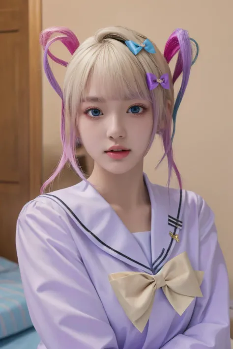 <lora:è¶
天:1>, chaotian, best quality, masterpiece, illustration, realistic, photo-realistic, amazing, finely detail, incredibly absurdres, huge filesize, ultra-detailed, highres, extremely detailed CG unity 8k wallpaper, nsfw, chaotian, multicolored hair, pink hair, blue hair, bow, quad tails, hair bow, long hair, blue eyes, bangs, school uniform, sailor collar, serafuku, blonde hair, twintails, long sleeves, blue bow, shirt, purple bow, bedroom, sidelight, A beautiful young woman with Korean-style facial features resembling a popular actress.