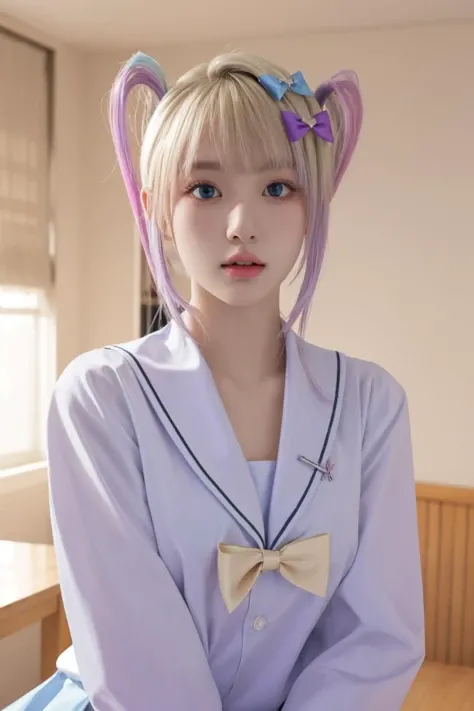 <lora:è¶
天:1>, chaotian, best quality, masterpiece, illustration, realistic, photo-realistic, amazing, finely detail, incredibly absurdres, huge filesize, ultra-detailed, highres, extremely detailed CG unity 8k wallpaper, nsfw, chaotian, multicolored hair, pink hair, blue hair, bow, quad tails, hair bow, long hair, blue eyes, bangs, school uniform, sailor collar, serafuku, blonde hair, twintails, long sleeves, blue bow, shirt, purple bow, bedroom, sidelight, A beautiful young woman with Korean-style facial features resembling a popular actress.
