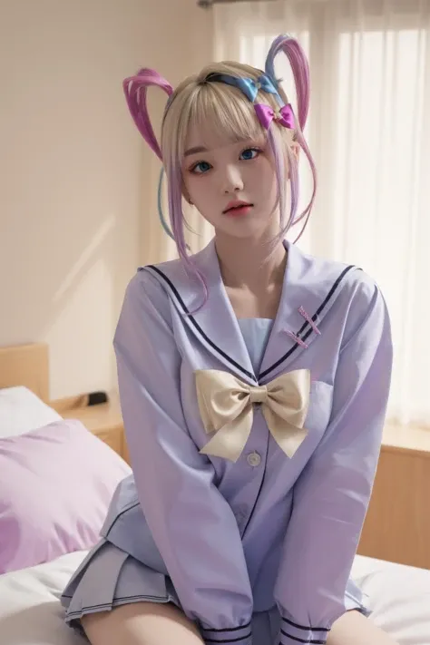 <lora:è¶
天:1>, chaotian, best quality, masterpiece, illustration, realistic, photo-realistic, amazing, finely detail, incredibly absurdres, huge filesize, ultra-detailed, highres, extremely detailed CG unity 8k wallpaper, nsfw, chaotian, multicolored hair, pink hair, blue hair, bow, quad tails, hair bow, long hair, blue eyes, bangs, school uniform, sailor collar, serafuku, blonde hair, twintails, long sleeves, blue bow, shirt, purple bow, bedroom, sidelight, A beautiful young woman with Korean-style facial features resembling a popular actress.