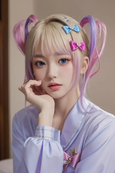 <lora:è¶å¤©:1>, chaotian, best quality, masterpiece, illustration, realistic, photo-realistic, amazing, finely detail, incredibly absurdres, huge filesize, ultra-detailed, highres, extremely detailed CG unity 8k wallpaper, nsfw, chaotian, multicolored hair, pink hair, blue hair, bow, quad tails, hair bow, long hair, blue eyes, bangs, school uniform, sailor collar, serafuku, blonde hair, twintails, long sleeves, blue bow, shirt, purple bow, bedroom, sidelight, A beautiful young woman with Korean-style facial features resembling a popular actress.