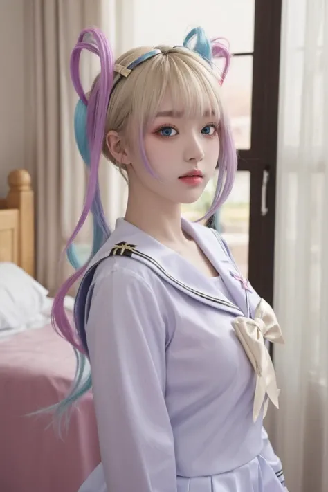 <lora:è¶
天:1>, chaotian, best quality, masterpiece, illustration, realistic, photo-realistic, amazing, finely detail, incredibly absurdres, huge filesize, ultra-detailed, highres, extremely detailed CG unity 8k wallpaper, nsfw, chaotian, multicolored hair, pink hair, blue hair, bow, quad tails, hair bow, long hair, blue eyes, bangs, school uniform, sailor collar, serafuku, blonde hair, twintails, long sleeves, blue bow, shirt, purple bow, bedroom, sidelight, A beautiful young woman with Korean-style facial features resembling a popular actress.
