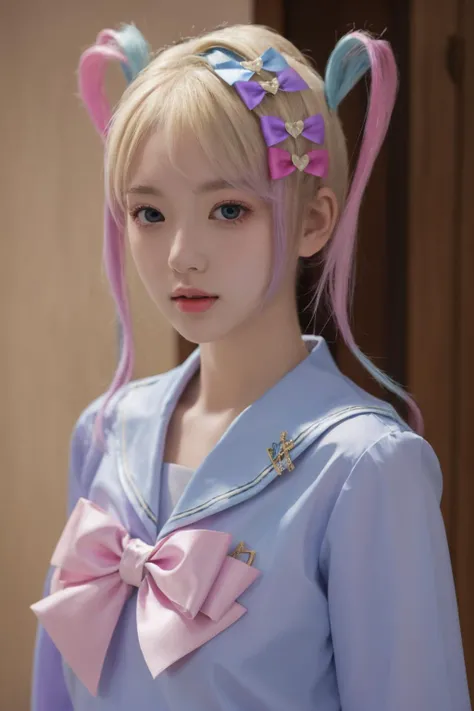 <lora:è¶
天:1>, chaotian, best quality, masterpiece, illustration, realistic, photo-realistic, amazing, finely detail, incredibly absurdres, huge filesize, ultra-detailed, highres, extremely detailed CG unity 8k wallpaper, nsfw, cowboy shot, multicolored hair, pink hair, blue hair, bow, quad tails, hair bow, long hair, blue eyes, bangs, school uniform, sailor collar, serafuku, blonde hair, twintails, long sleeves, blue bow, shirt, purple bow, A beautiful young woman with Korean-style facial features resembling a popular actress.