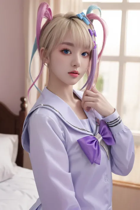 <lora:è¶å¤©:1>, chaotian, best quality, masterpiece, illustration, realistic, photo-realistic, amazing, finely detail, incredibly absurdres, huge filesize, ultra-detailed, highres, extremely detailed CG unity 8k wallpaper, nsfw, chaotian, multicolored hair, pink hair, blue hair, bow, quad tails, hair bow, long hair, blue eyes, bangs, school uniform, sailor collar, serafuku, blonde hair, twintails, long sleeves, blue bow, shirt, purple bow, bedroom, sidelight, A beautiful young woman with Korean-style facial features resembling a popular actress.
