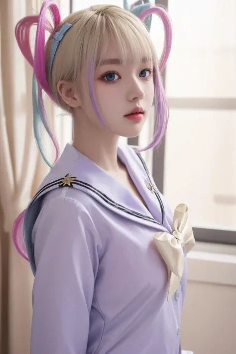 <lora:è¶å¤©:1>, chaotian, best quality, masterpiece, illustration, realistic, photo-realistic, amazing, finely detail, incredibly absurdres, huge filesize, ultra-detailed, highres, extremely detailed CG unity 8k wallpaper, nsfw, chaotian, multicolored hair, pink hair, blue hair, bow, quad tails, hair bow, long hair, blue eyes, bangs, school uniform, sailor collar, serafuku, blonde hair, twintails, long sleeves, blue bow, shirt, purple bow, bedroom, sidelight, A beautiful young woman with Korean-style facial features resembling a popular actress.