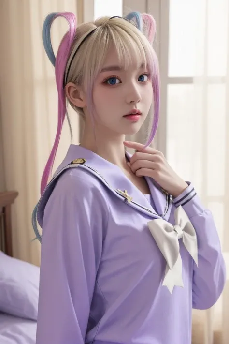 <lora:è¶å¤©:1>, chaotian, best quality, masterpiece, illustration, realistic, photo-realistic, amazing, finely detail, incredibly absurdres, huge filesize, ultra-detailed, highres, extremely detailed CG unity 8k wallpaper, nsfw, chaotian, multicolored hair, pink hair, blue hair, bow, quad tails, hair bow, long hair, blue eyes, bangs, school uniform, sailor collar, serafuku, blonde hair, twintails, long sleeves, blue bow, shirt, purple bow, bedroom, sidelight, A beautiful young woman with Korean-style facial features resembling a popular actress.